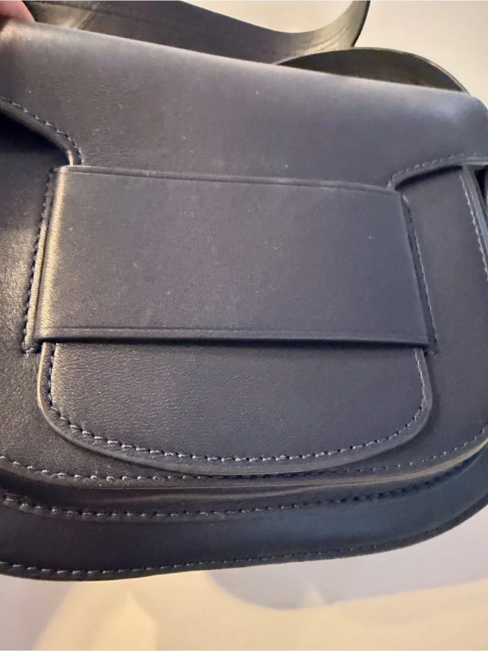 Navy Blue Leather Saddle Crossbody Bag with Navy Blue/Red-Trim Strap